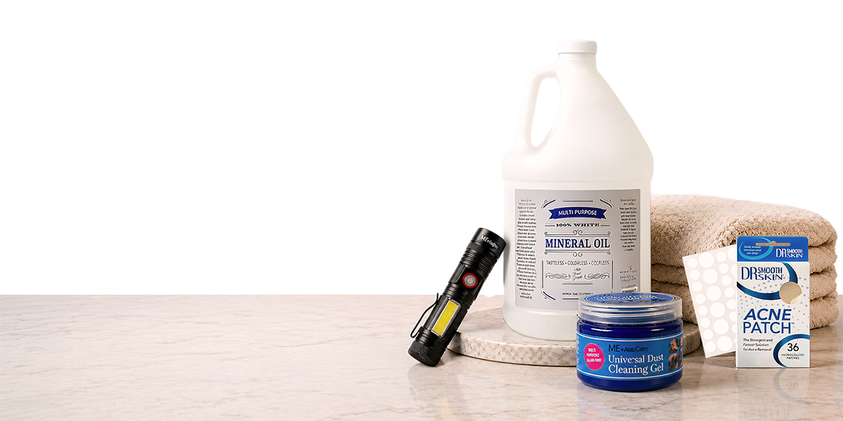 Michael Stores household essentials arranged on a marble surface