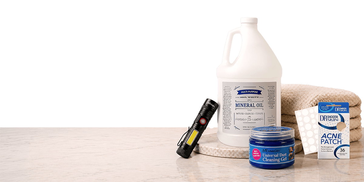 Michael Stores household essentials arranged on a marble surface
